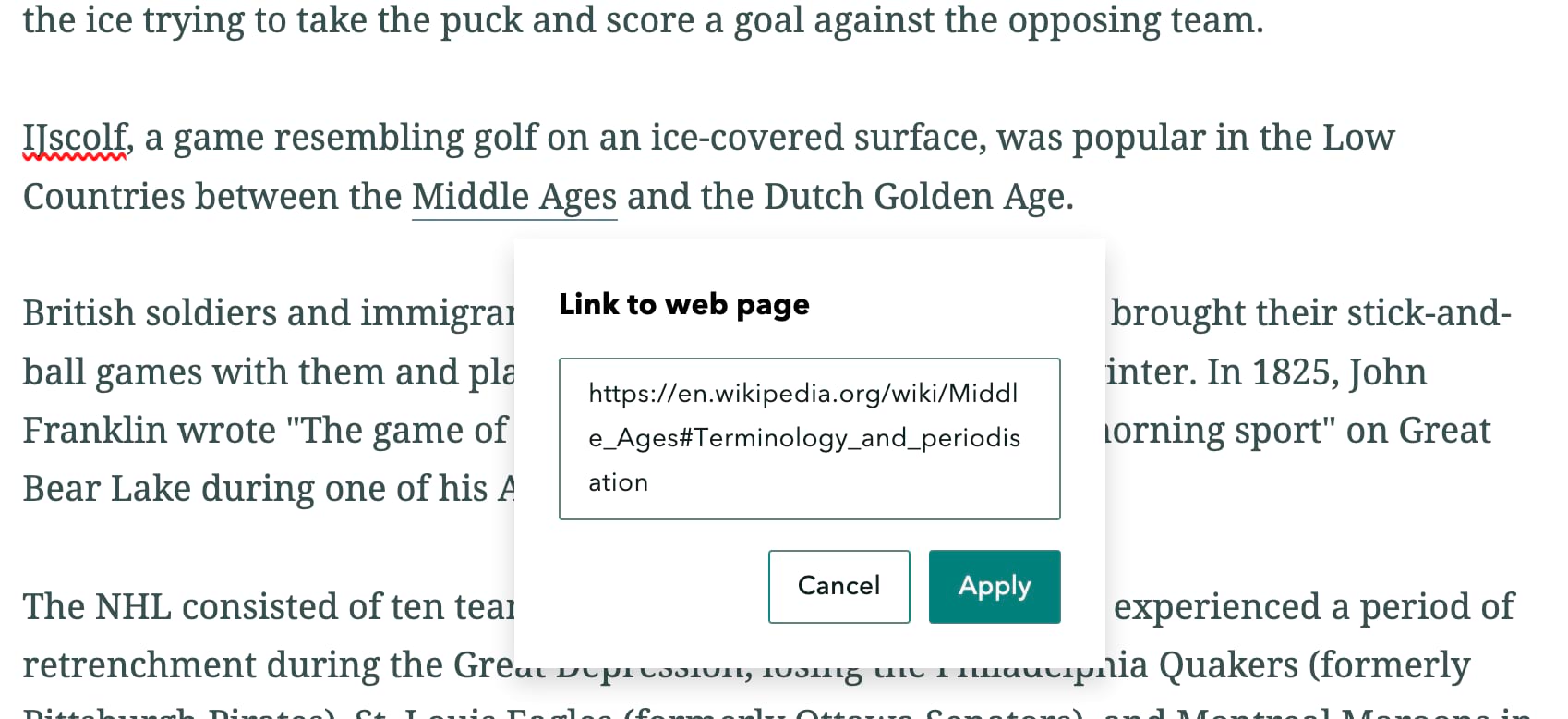 The new link configuration pop-up floating next to highlighted text in the ArcGIS StoryMaps builder